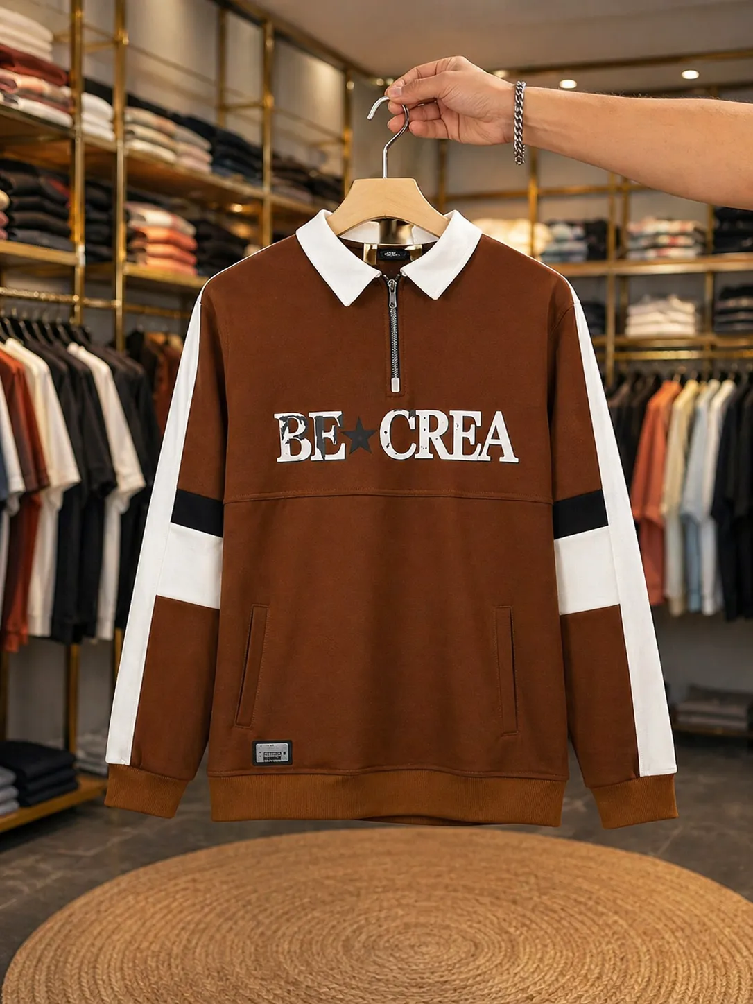 Men's Brown Color Block Polo Sweatshirt